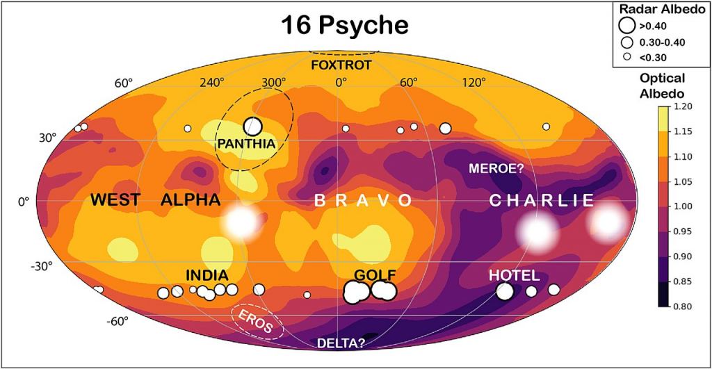 This graphic of 16 Psyche is from a 2021 study. It's a smoothed and contour-filled optical albedo map with purported topographical and albedo features labelled. It shows some of the asteroid's surface features like the depressions Eros, Foxtrot, and Panthia. Names with question marks are indeterminate features. The three blurred white spots are optical bright spots and the white circles are radar echo centers. Image Credit: By Michael K. Shepard et al., Asteroid 16 Psyche: Shape, Features, and Global Map (2021), figure 10. https://iopscience.iop.org/article/10.3847/PSJ/abfdba#psjabfdbaf9, CC BY-SA 4.0, https://commons.wikimedia.org/w/index.php?curid=113172869