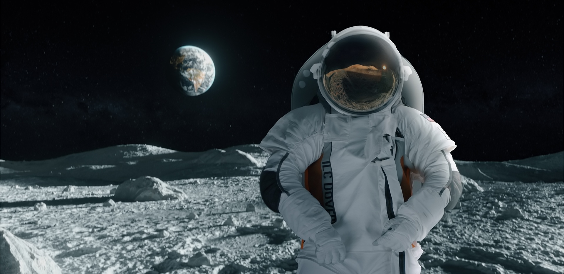 Moonwalker wearing Collins Aerospace spacesuit