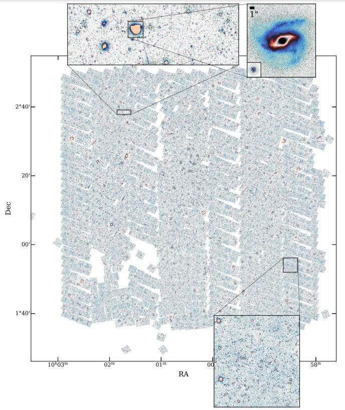 This is the 3D-DASH mosaic. The zoomed-in panels reveal the wealth of bright objects that can be studied in this high-resolution shallow tier of the extragalactic wedding cake. Image Credit: Mowla et al. 2022.
