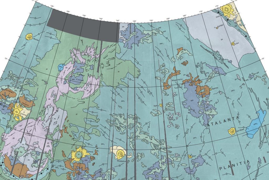 Dickinson Crater is named after the poet Emily Dickinson. It's on the very upper right (yellow) in this USGS geologic map of Venus. Image Credit: USGS/NASA