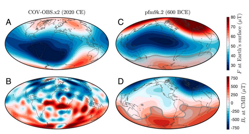 This figure from the study shows the geomagnetic field intensity for Earth's surface and at its core-mantle boundary in the years 2020 and 600 BCE. The grey regions in C and D highlight regions where the team's model is more uncertain. Image Credit: Nilsson et al. 2022.