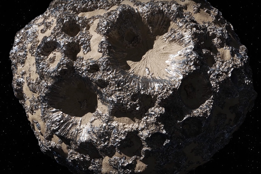 Asteroid Psyche's varied surface suggests a dynamic history, which could include metallic eruptions, asteroid-shaking impacts, and a lost rocky mantle. Image Credit: Screenshot courtesy of NASA