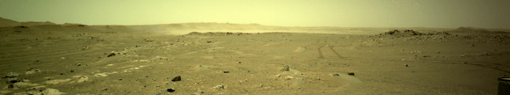 This series of images from a navigation camera aboard NASA’s Perseverance rover shows a gust of wind sweeping dust across the Martian plain beyond the rover’s tracks on June 18, 2021 (the 117th sol, or Martian day, of the mission).  Dust from these storms pose a threat to the solar panel on Ingenuity. Credit NASA/JPL-Caltech