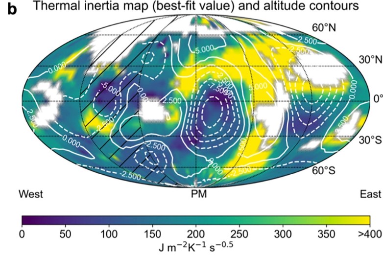 This figure from the paper combines thermal inertia with elevation. The low-elevation Bravo-Golf region is clearly visible. Image Credit: Cambioni et al. 2022.
