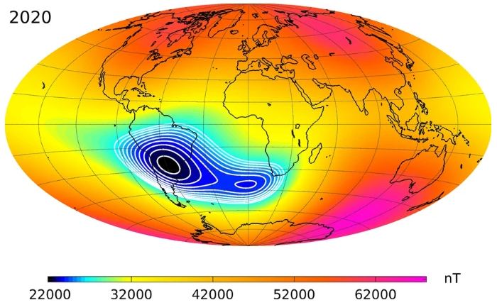 The South Atlantic Anomaly in 2020. Image Credit: Christopher C. Finlay, Clemens Kloss, Nils Olsen, Magnus D. Hammer, Lars Tøffner-Clausen, Alexander Grayver & Alexey Kuvshinov - "The CHAOS-7 geomagnetic field model and observed changes in the South Atlantic Anomaly", Earth, Planets and Space, Volume 72, Article number 156 (2020), https://earth-planets-space.springeropen.com/articles/10.1186/s40623-020-01252-9, CC BY-SA 4.0, https://commons.wikimedia.org/w/index.php?curid=99760567