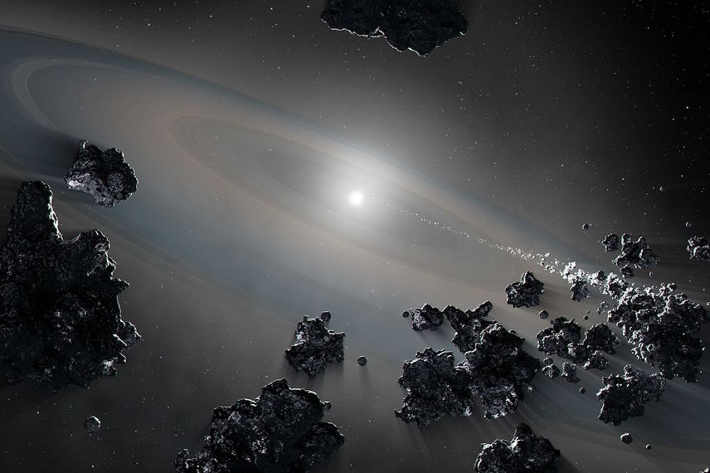 Artist's impression of a white dwarf (a dying star) siphoning debris from shattered worlds into its planetary system.  Courtesy of NASA/ESA, Joseph Olmstead (STScI)