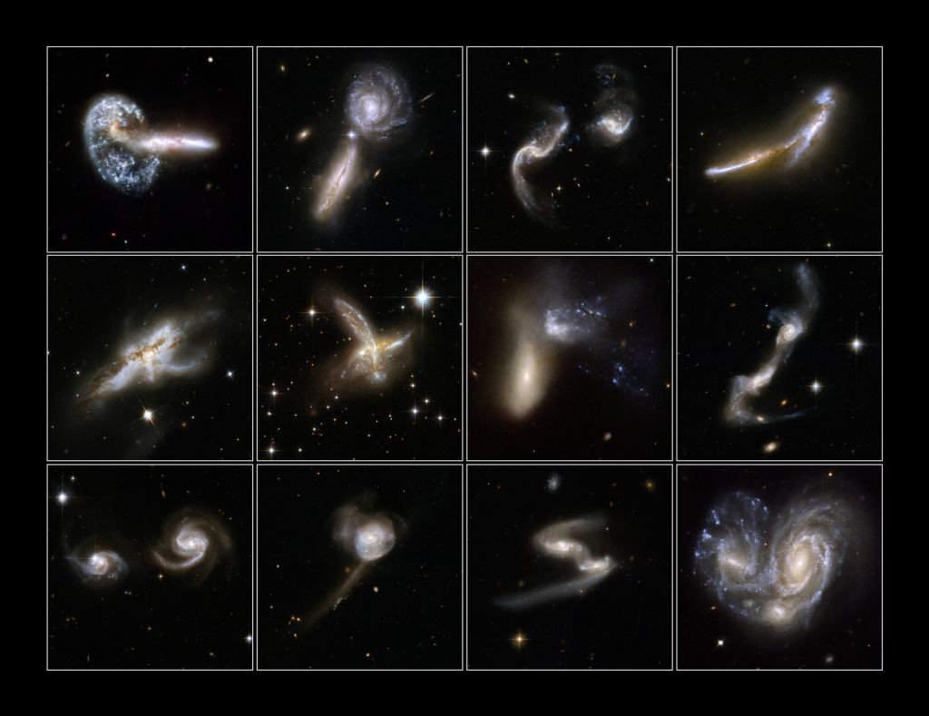 Collisions between galaxies create tidal artifacts with all sorts of shapes. This new work from Ivanna Escala found conclusive evidence that Andromeda's Northeast, West, and Southeast shelfs and Giant Stellar Stream are the result of a collision with another galaxy. Studying these tidal features can teach us about how galaxies grow and evolve over time as they accrete new material. This composite image of 12 galaxy mergers is courtesy of NASA, ESA, the Hubble Heritage Team (STScI/AURA)-ESA/Hubble Collaboration and A. Evans (University of Virginia, Charlottesville/NRAO/Stony Brook University), K. Noll (STScI), and J. Westphal (Caltech).