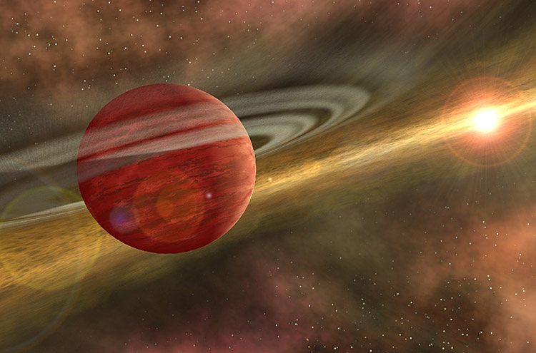 Artist's impression of a hot Jupiter forming in the protoplanetary disk of its parent star.  Credit: NASA/JPL/Caltech/R.  Hurt
