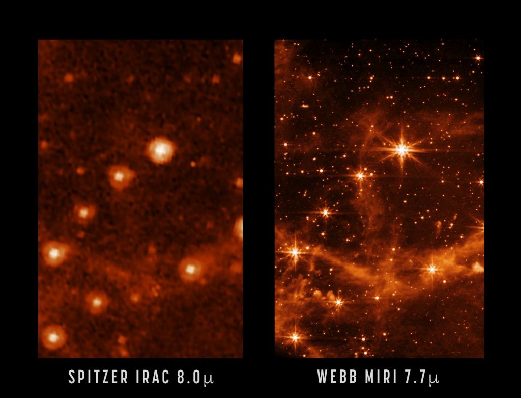 Esta imagen de una porción de la gran nube de Magallanes se compara con la imagen simulada del Telescopio Espacial Spitzer (RIP) de JWST.  El detalle es asombroso.  Soporte de imagen: NASA/JPL-Caltech (izquierda), NASA/ESA/CSA/STScI (derecha)