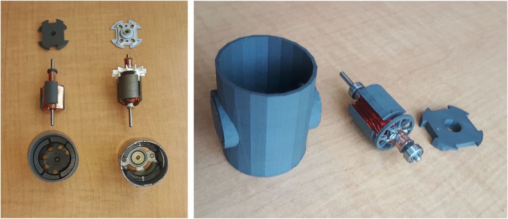 This image from the article shows some electric motors. In the left panel, a 3D printed electric (l) motor sits next to an off-the-shelf electric motor (r.) The right panel shows the 3D printed DC motor with wound coils. Additive manufacturing (AM) is also part of the process. Image Credit: Alex Ellery.