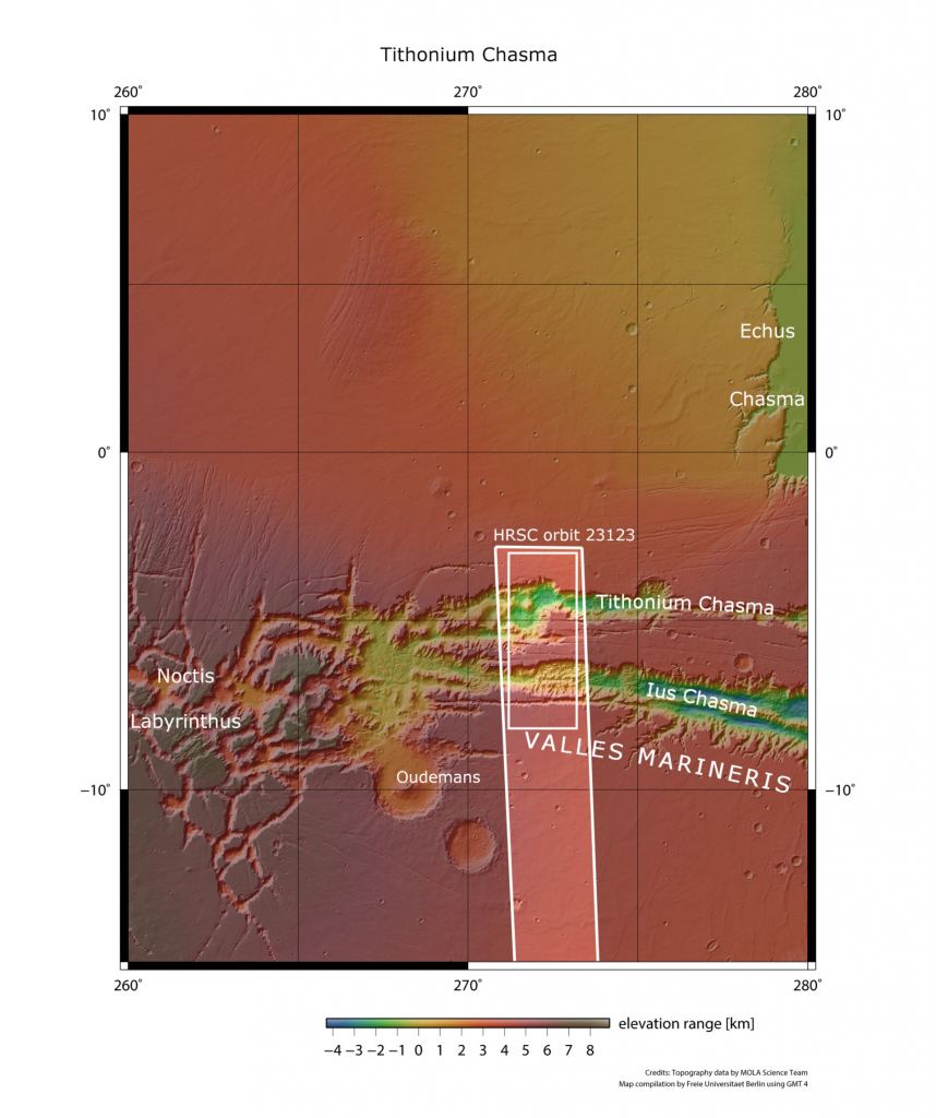 This mapped image shows Ius and Tithonium Chasmata, which the orbiter photographed in April.  These two areas are part of the Valles Marineris de Mars canyon structure.  The area bounded by the bold white box indicates the area imaged by the Mars Express High-Resolution Stereo Camera on April 21, 2022 during orbit 23123. Courtesy Mars Express/NASA/MGS/MOLA Science Team