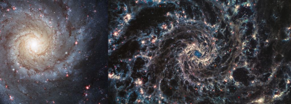 On the left is a composite Hubble image of M 74 made with the space telescope's Advanced Camera for Surveys. On the right is the JWST image processed by Judy Schmidt. Image Credit: (l) NASA, ESA, and the Hubble Heritage (STScI/AURA)-ESA/Hubble Collaboration;
Acknowledgment: R. Chandar (University of Toledo) and J. Miller (University of Michigan). (r) NASA/ESA/CSA/STSCI/JUDY SCHMIDT CC BY 2.0