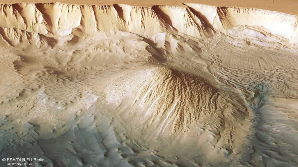 This oblique perspective view of Tithonium Chasmata, part of Mars' Valles Marineris canyon structure, was generated from the digital terrain model and nadir and color channels of the High-Resolution Stereo Camera on Mars Express from the ESA.