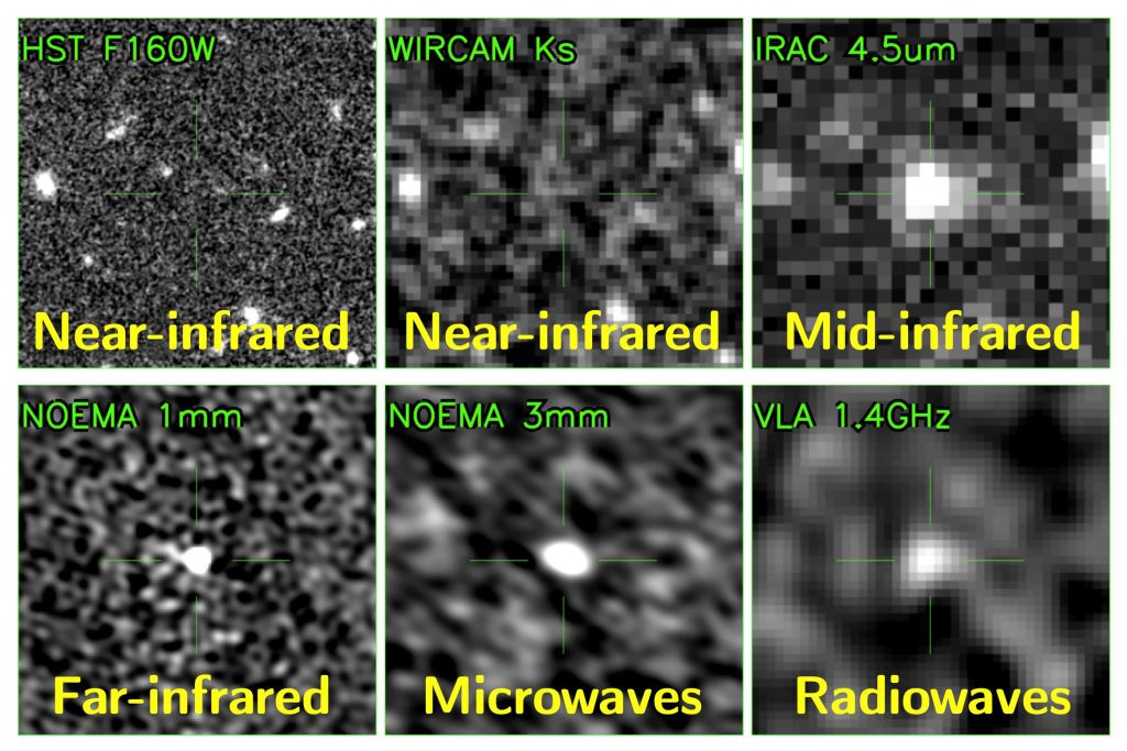 Six different views of the same galaxy (ID12646), seen less than a billion years after the Big Bang in the early Universe, at progressively longer wavelengths. The two first images show — or rather do not show — the galaxy in the near-infrared; the galaxy is completely invisible. Only when looking at the longer wavelengths is the galaxy revealed (credit: Shuowen Jin / Peter Laursen).