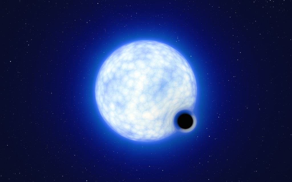 This artist’s impression shows what the binary system VFTS 243 might look like if we were observing it up close. The sizes of the two binary components are not to scale: in reality, the blue star is about 200 000 times larger than the black hole.  Note that the 'lensing' effect around the black hole is shown for illustration purposes only, to make this dark object more noticeable in the image. The inclination of the system means that, when looking at it from Earth, we cannot observe the black hole eclipsing the star. Credit: ESO/L. Calçada
