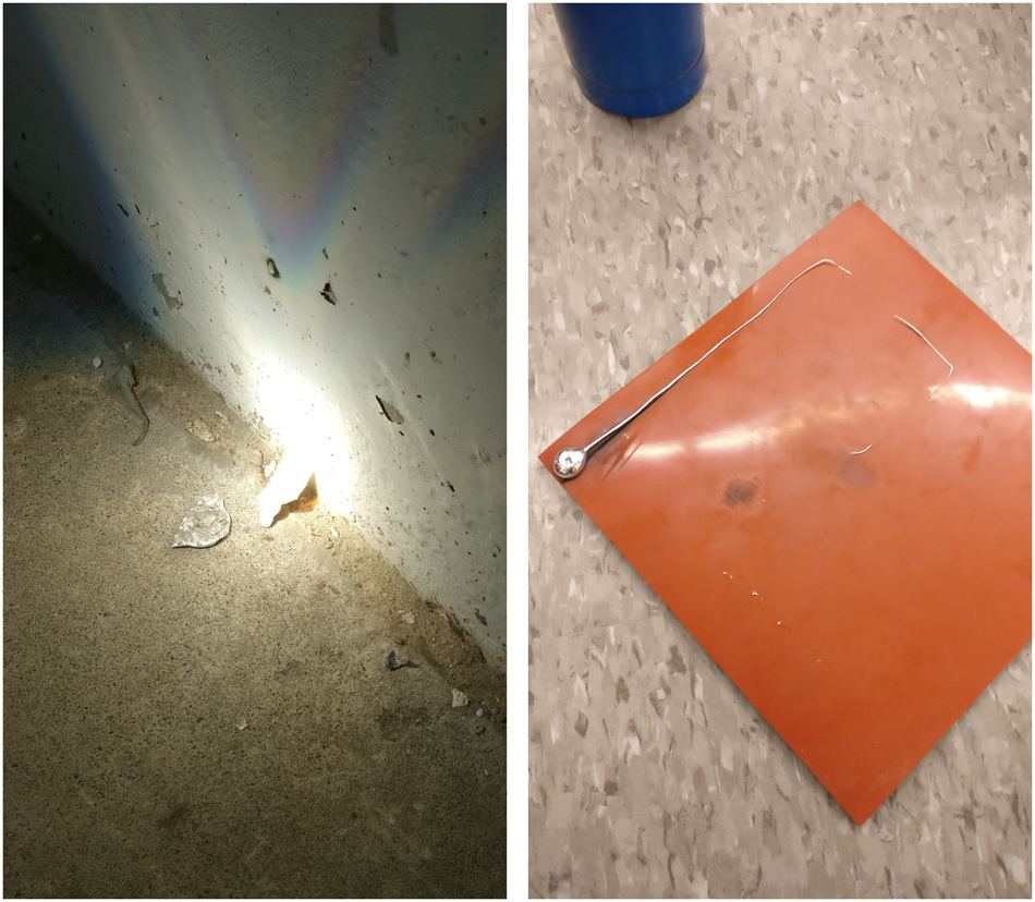 The image on the left shows aluminum being melted with a fresnel lens. The image on the right shows molten aluminum directly on silicone plastic. Image Credit: Alex Ellery.