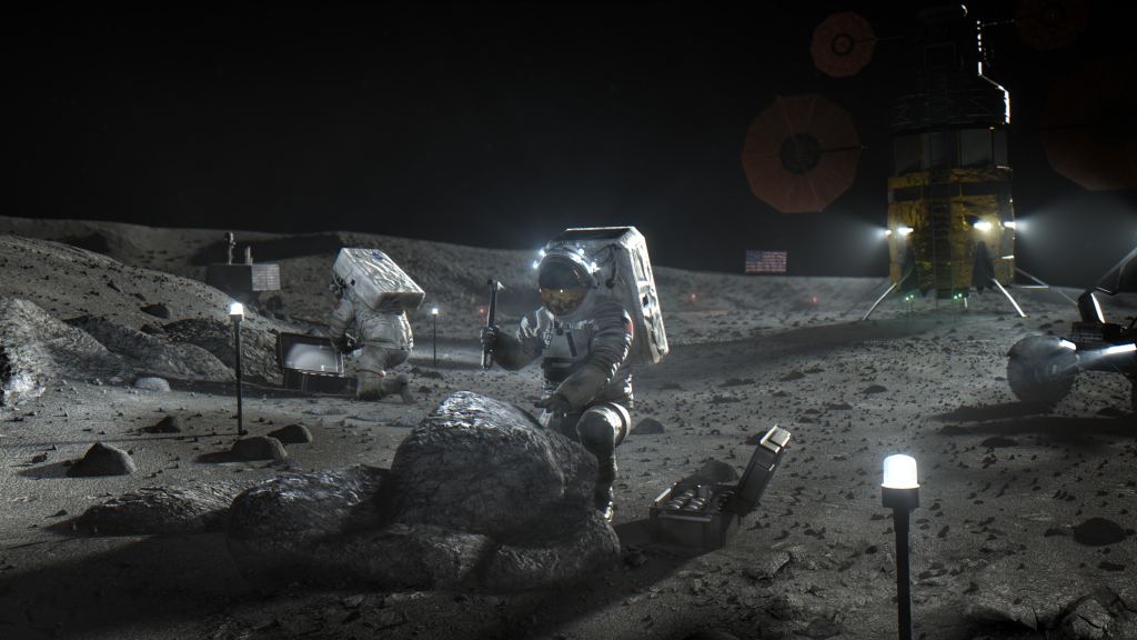 Artist's impression of astronauts on the lunar surface, as part of the Artemis Program. How will they store power on the Moon? 3D printed batteries could help. Credit: NASA