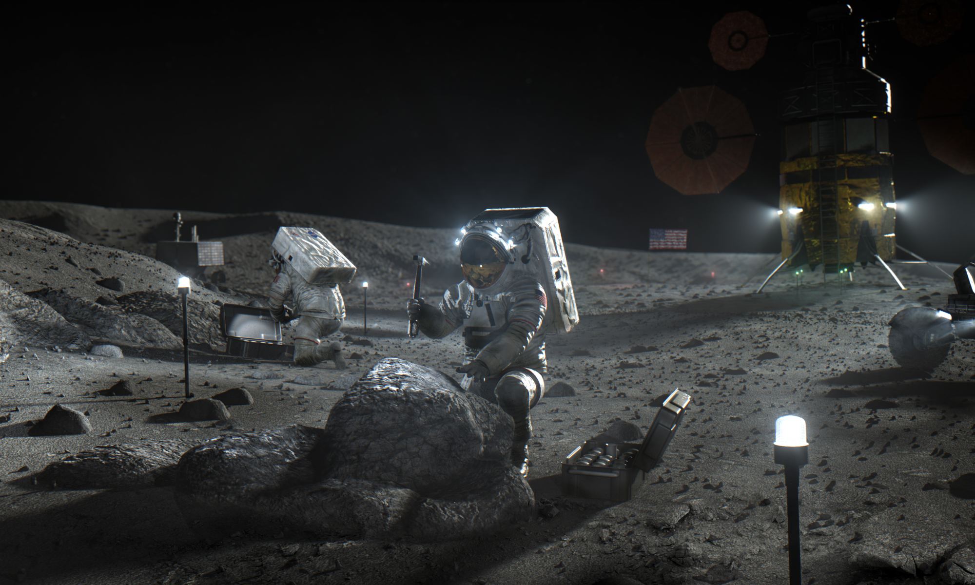 Artist's impression of astronauts on the lunar surface, as part of the Artemis Program. Lunar explorers will need communicationa nd navigation aids while on the surface. NASa is developing a lunar mapping-based program to help them. Credit: NASA