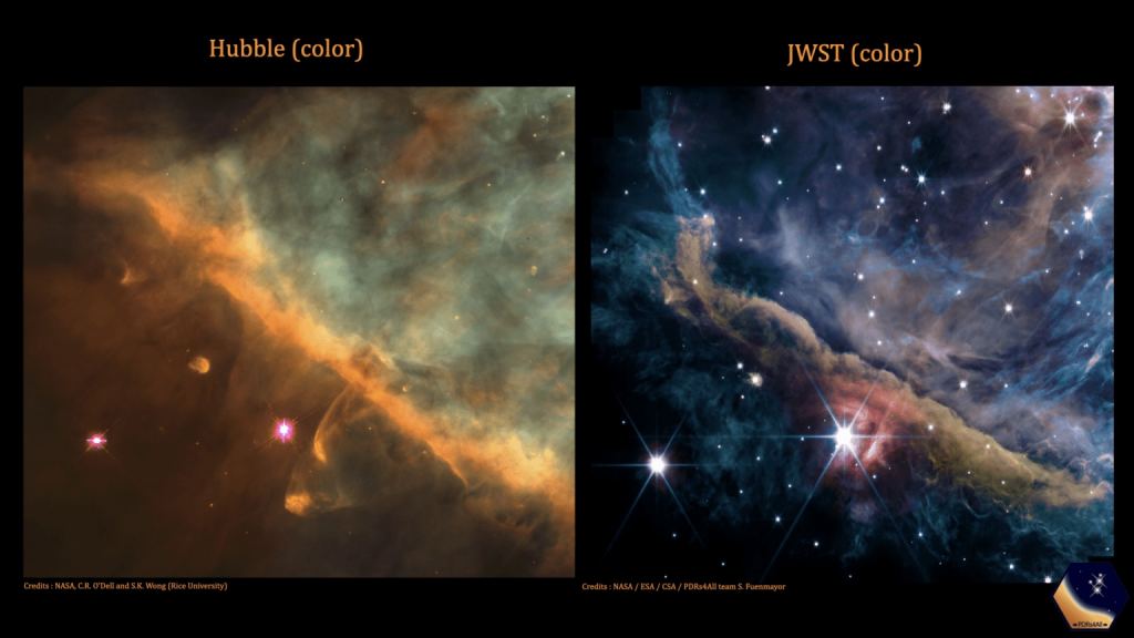 A compare-and-contrast of Hubble's view of the same Orion Nebula region (left) that JWST looked at (right).  Credit: NASA, ESA, CSA, PDRs4All ERS Team; image processing Olivier Berné. Credit for the HST image: NASA/STScI/Rice Univ./C.O’Dell et al.