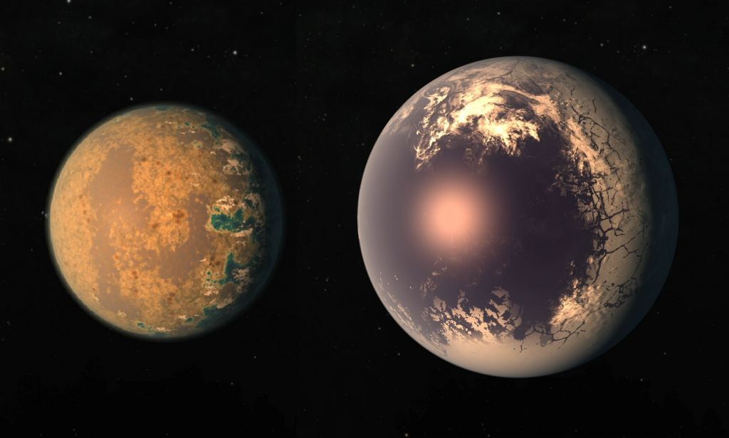 Artist's impressions of two exoplanets in the TRAPPIST-1 system (TRAPPIST-1d and TRAPPIST-1f). Credit: NASA/JPL-Caltech