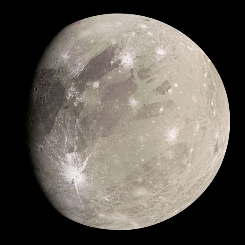 Astronomers using the Hubble Space Telescope found evidence of a thin oxygen atmosphere on Ganymede in 1996. The atmosphere is far too thin to support life as we know it. The fact that it has oxygen in its atmosphere means there must be an abiotic source. The Juno spacecraft captured this image of Ganymede in 2021. Image Credit: By NASA/JPL-Caltech/SwRI/MSSS/Kevin M. Gill - Ganymede - Perijove 34 Composite, CC BY 2.0, https://commons.wikimedia.org/w/index.php?curid=106499339
