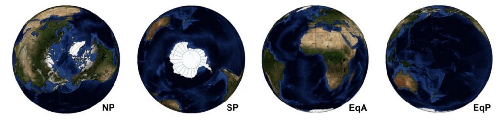 This figure from the study shows the four observing geometries used: North Pole, South Pole, Equatorial Africa, and Equatorial Pacific. The study measured infrared emissions rather than reflected light. Image Credit: Mettler et. al. 2022.