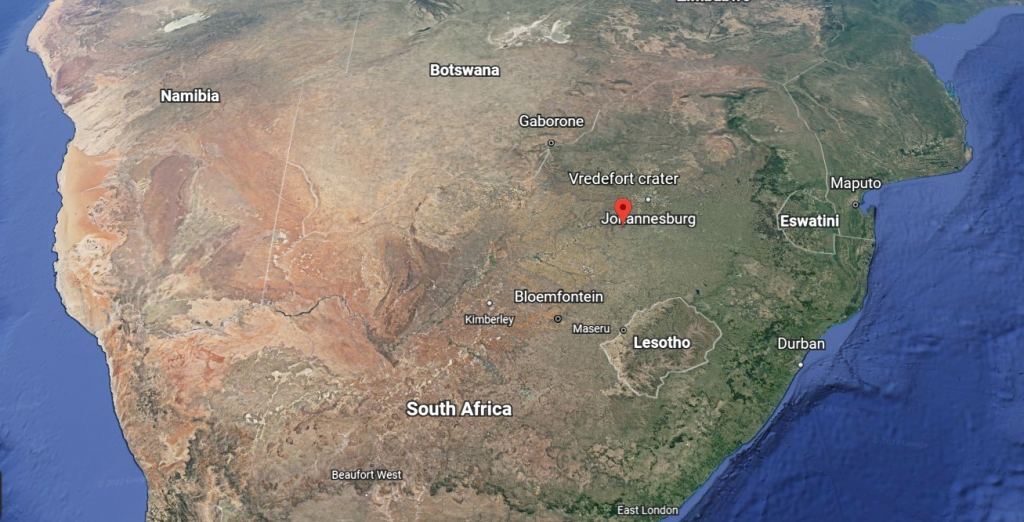 The Vredefort crater is a two-billion-year-old impact structure located in South Africa. Image Credit: Google Earth.