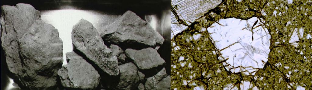 The image on the left shows some of the rocks returned to Earth by Apollo. On the right is a microscopic image of a zircon crystal used to date events billions of years ago. Image Credit: (L) NASA. (R) Apollo 17 / Nicholas E. Timms.