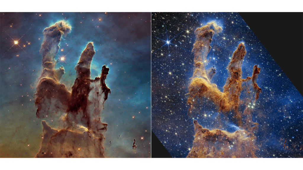 Porównanie i kontrast między widokiem Filarów Stworzenia z 2014 r. z HST a obrazem JWST z 19 października 2022 r. Oba widoki pokazują nam, co dzieje się lokalnie.  Chociaż Hubble uwydatnia wiele grubszych warstw pyłu, a Webb pokazuje więcej gwiazd, nie pokazuje nam głębszego wszechświata.  Pył zasłania obraz na zdjęciu z Hubble'a, ale ośrodek międzygwiazdowy odgrywa w Webbie główną rolę.  Działa jak gęsty dym lub mgła, uniemożliwiając nam zajrzenie w głębszy wszechświat, w którym znajdują się niezliczone galaktyki.  Dzięki uprzejmości NASA, ESA, CSA, STScI, Hubble Heritage Project (STScI, AURA) Przetwarzanie obrazu: Joseph DePasquale (STScI), Anton M. Koekemoer (STScI), Alyssa Pagan (STScI)