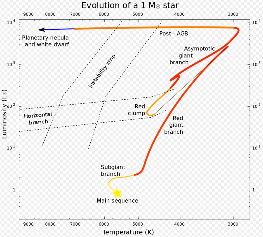 This image shows stellar evolution for a star with the mass of our Sun. When it leaves the main sequence, it ascends the Red Giant Branch and can even become an Asymptotic Giant Branch star. Image Credit: By Lithopsian - Own work, CC BY-SA 4.0, https://commons.wikimedia.org/w/index.php?curid=48486177