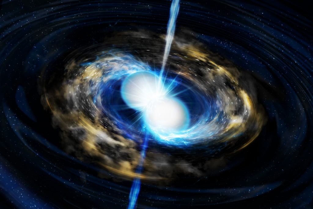 Représentation artistique d'une fusion d'étoiles à neutrons.  Crédit image : Université du Tohoku
