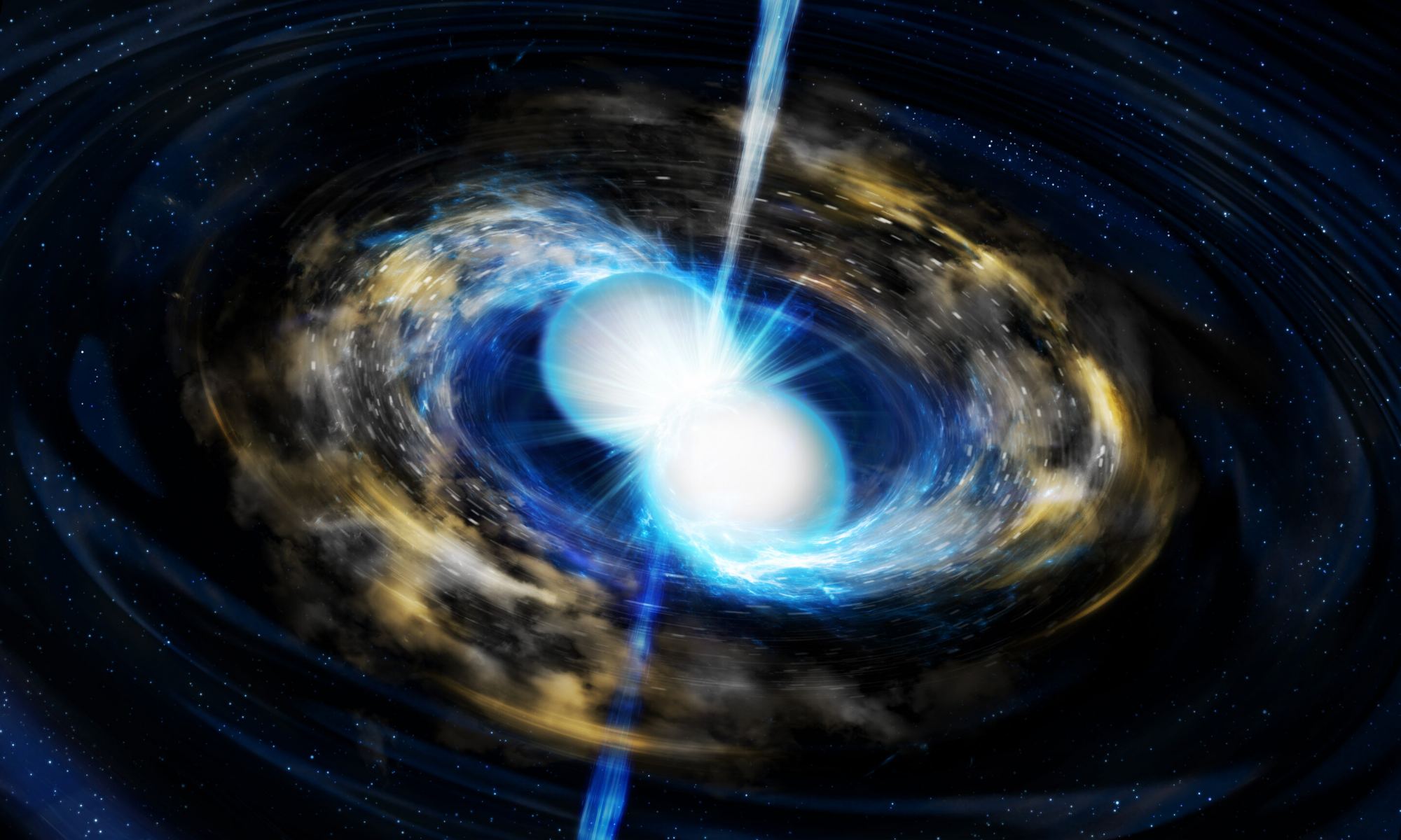 Artist’s conception of a neutron star merger. This process also creates heavy elements. Credit: Tohoku University