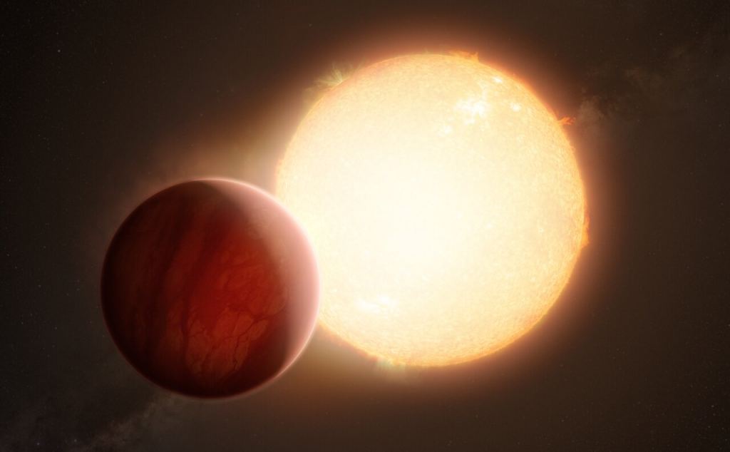 This artist’s impression shows an ultra-hot exoplanet as it is about to transit in front of its host star. When planets get closer to their stars, the star's energy strips away atmosphere, and that's what might have happened to GJ 1214b. Credit: ESO