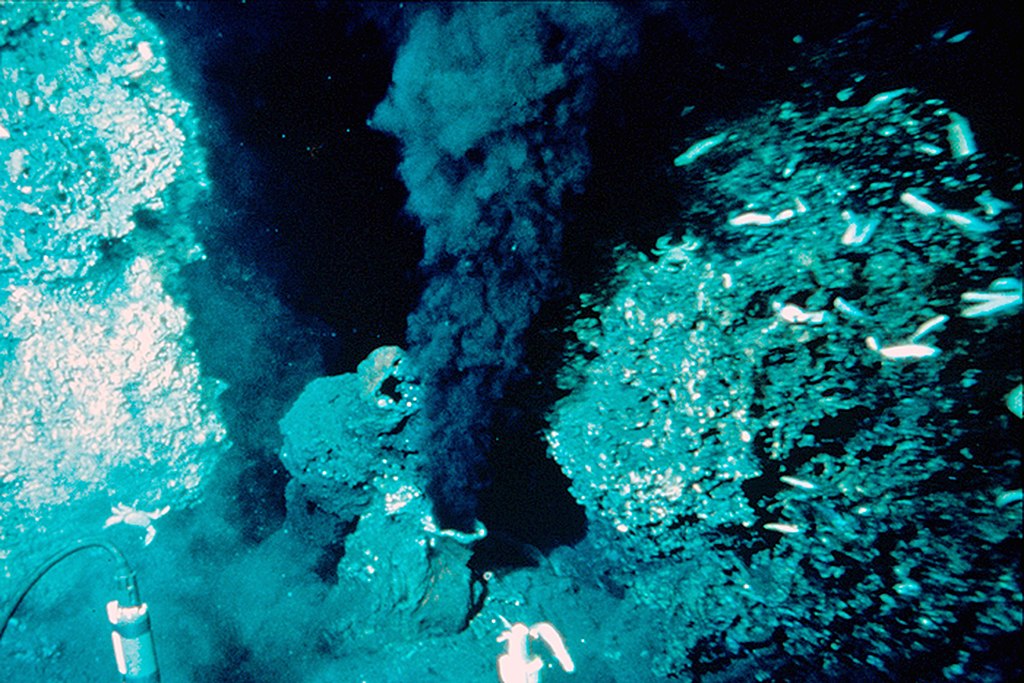A black smoker (one of many hydrothermal vents in the oceans) discovered in the Atlantic Ocean in 1979. It's fueled from deep beneath the surface by magma that superheats the water. The plume carries minerals and other materials out to the sea. Courtesy USGS.