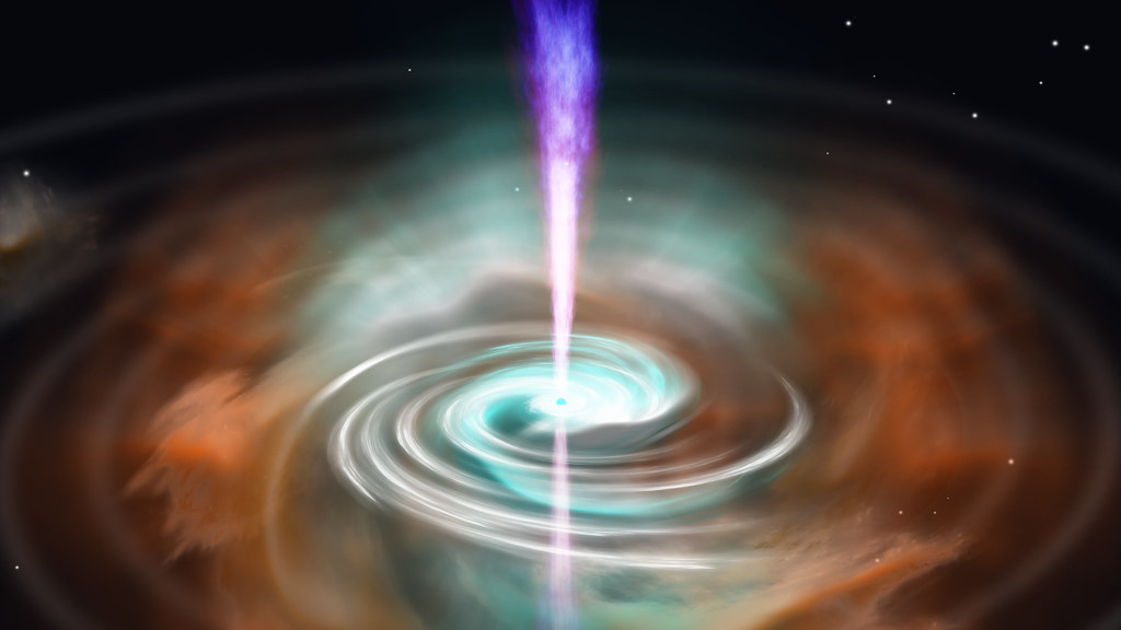 An artist's impression of a gamma-ray burst powered by a neutron star. Credit: Nuria Jordana-Mitjans