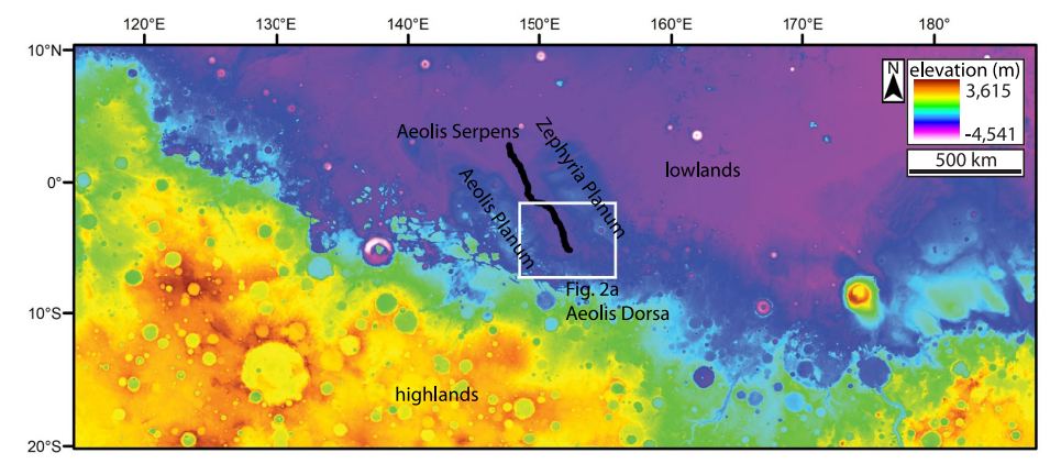 This figure from the study is a Mars Orbiter Laser Altimeter-derived topographic map showing Aeolis Dorsa between Aeolis Planum and Zephyria Planum. These features are located along the boundary between the high southern hemisphere and the low northern hemisphere. Aeolis Serpens is Mars' longest ancient riverbed and is mapped as a black line extending 900 km through Aeolis Dorsa. MSL Curiosity is at work in the Gale crater (unlabelled) about 750 km to the west. Image Credit: NASA/Benjamin Cardenas/Penn State.