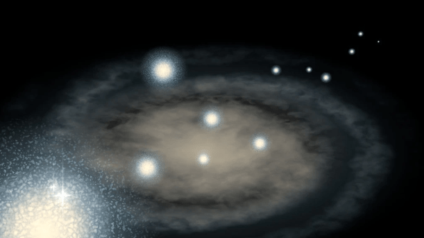 This illustration shows globular clusters of the Dule structure scattered across Andromeda.  Image courtesy of Geraint Lewis.