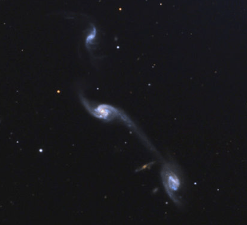 Arp 248 is known as Wild's Triplet, after the astronomer Paul Wild (1923–2008), who studied the triplet in the early 1950s. Description: Via Number Line and Authority copyright Adam Block/Mount Lemmon SkyCenter/University of Arizona - http://www.caelumobservatory.com/gallery/wilds.shtml, CC BY-SA 3.0 us, https://commons.wikimedia.  org/w/index.php?curid=20540032
