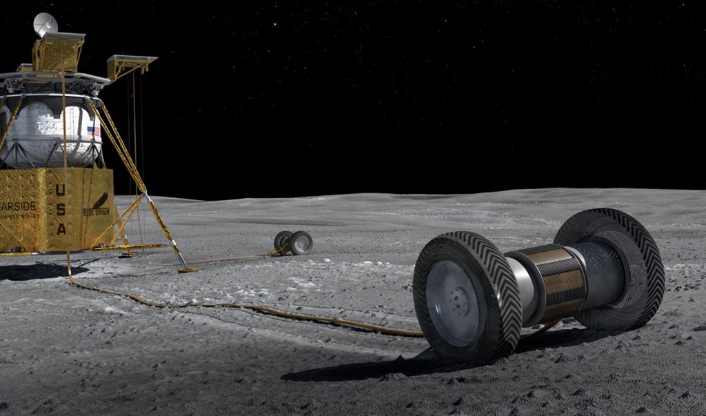 FARSIDE concept showing the roll out of an antenna array onto the lunar surface. Antennas and driving electronics are integrated into four 12-km tether rolls, which provide power and communication to both antenna nodes and deployment rovers. Credits: XP4D, NASA JPL, and Blue Origin 