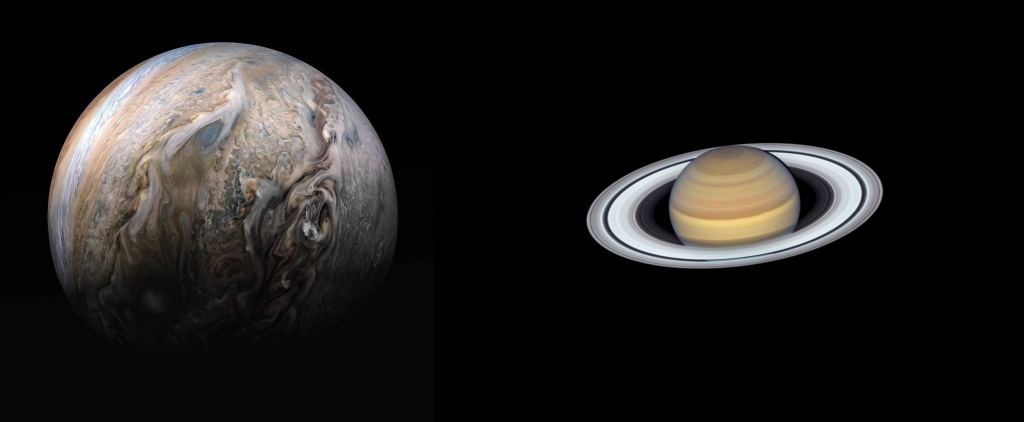 Jupiter and Saturn are both gas giants. When they were first forming, did they cast shadows that influenced how other planets formed? Image Credit: (L) NASA/JPL-Caltech/SwRI/MSSS/Kevin M. Gill. (R) NASA, ESA, A. Simon (GSFC), M.H. Wong (University of California, Berkeley) and the OPAL Team