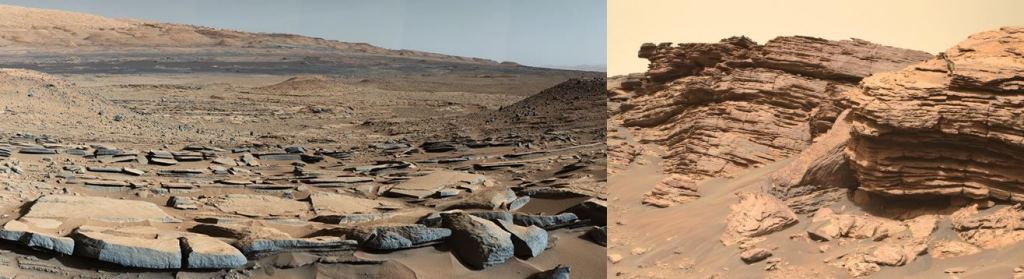 Left: Sedimentary rock in Gale Crater as imaged by MSL Curiosity in 2015. Right: Sedimentary rock in Jezero Crater as imaged by the Perseverance Rover in July 2022. Image Credit: NASA