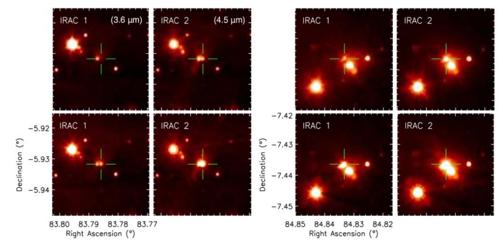 This figure from the study shows the outbursts for HOPS 12 (l) and HOPS 124 (r). Green crosses mark the locations of the protostars. The top row images show the stars prior to outbursts, and the bottom row shows the outbursts. Image Credit: Zakri et al. 2022. 