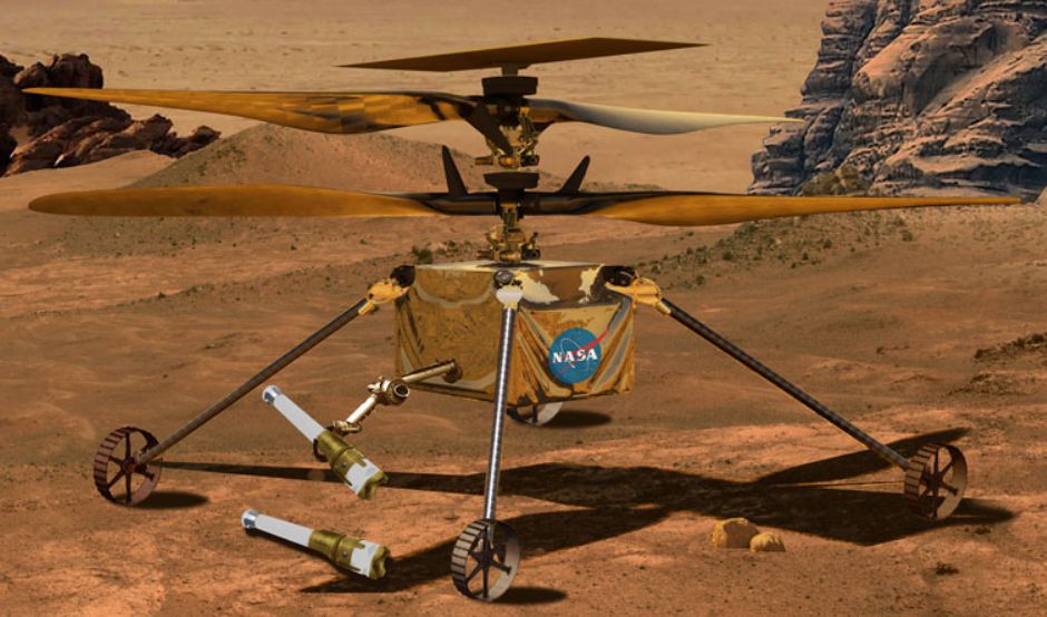 This artist's illustration of a Mars Sample Return helicopter highlights the rotorcraft's wheels and sample-retrieving arm. Image Credit: NASA/JPL-Caltech.
