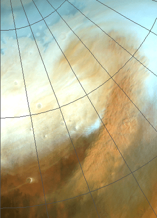 A hurricane-like spiral storm on Mars.
