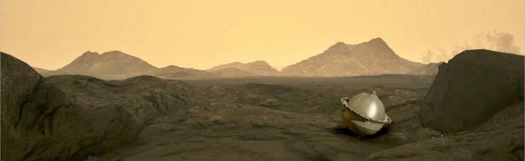 An artist's illustration of the VERITAS's descent probe at rest on Venus' surface. Image Credit: NASA/GSFC.