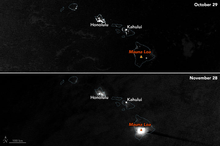 The bright glow of the eruption was visible to NASA and NOAA satellites orbiting hundreds of miles above the surface. The image above was acquired at 2:25 a.m. local time (12:25 UTC) on November 28 by the “day-night band” of the Visible Infrared Imaging Radiometer Suite (VIIRS) on the NOAA-NASA Suomi NPP satellite. For comparison, the image above shows the same area on October 29, 2022, before the eruption had begun.