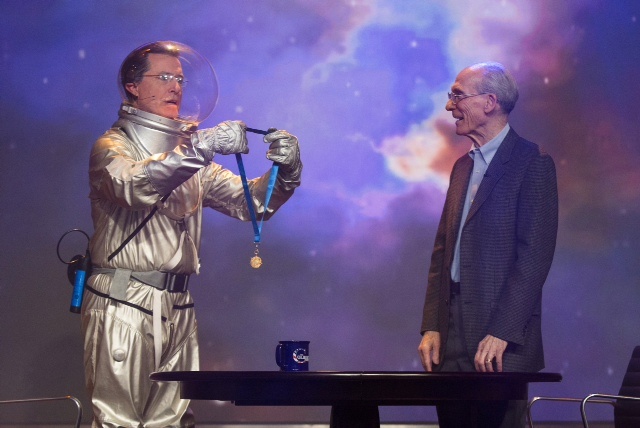 TV personality Stephen Colbert presented Ed Stone with NASA's Distinguished Public Service Medal in 2013. Image Credit: NASA