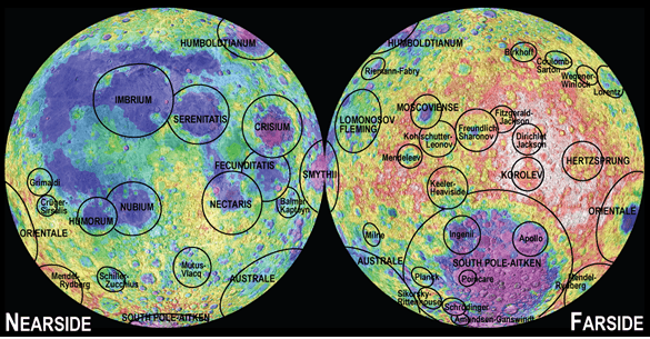 This image shows the main impact basins on the Moon. The left shows the lunar near side, and the right shows the far side. Image Credit: LPI (Paul Spudis and David Kring)