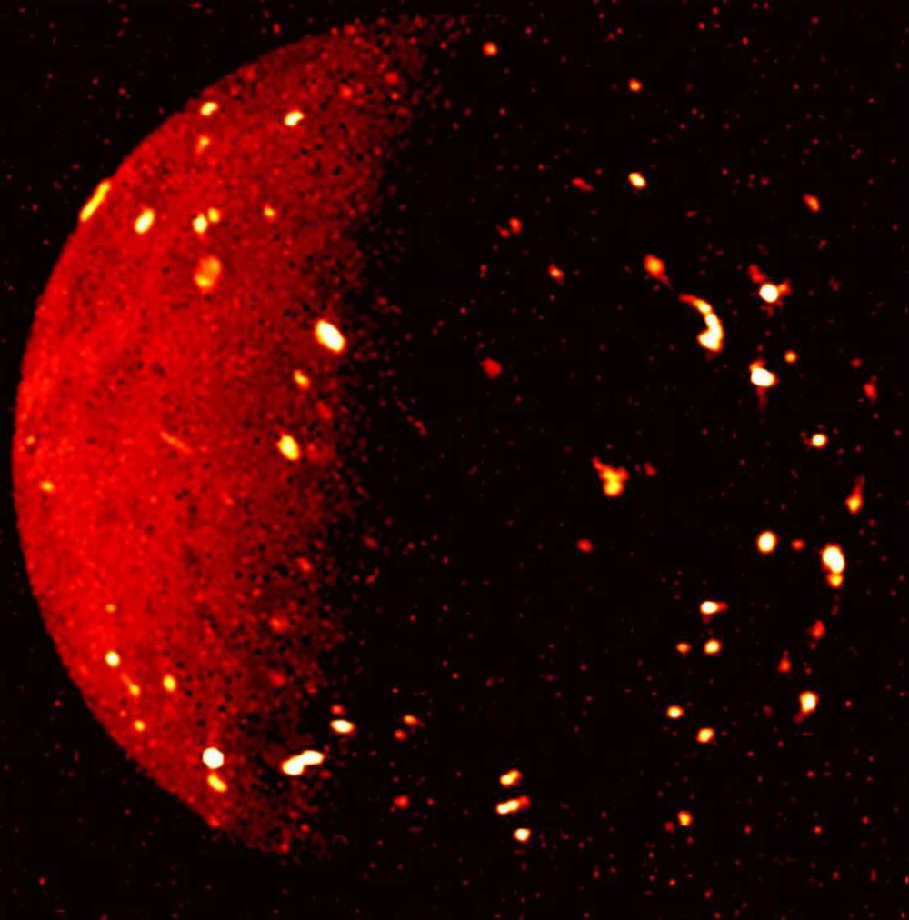 The Juno mission's infrared view of the Jovian moon Io. Taken on July 5, 2022. All the hotspots are volcanic features. Courtesy NASA/JPL-Caltech/SwRI/ASI/INAF/JIRAM