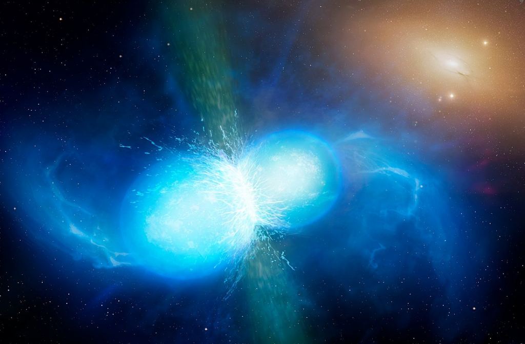 This artist's impression shows two tiny but very dense neutron stars at the point at which they merge and explode as a kilonova. These events produce short gamma-ray bursts and gravitational waves. A new study shows that kilonovae can also produce long gamma-ray bursts like supernovae can. Image Credit: By University of Warwick/Mark Garlick, CC BY 4.0, https://commons.wikimedia.org/w/index.php?curid=63436916